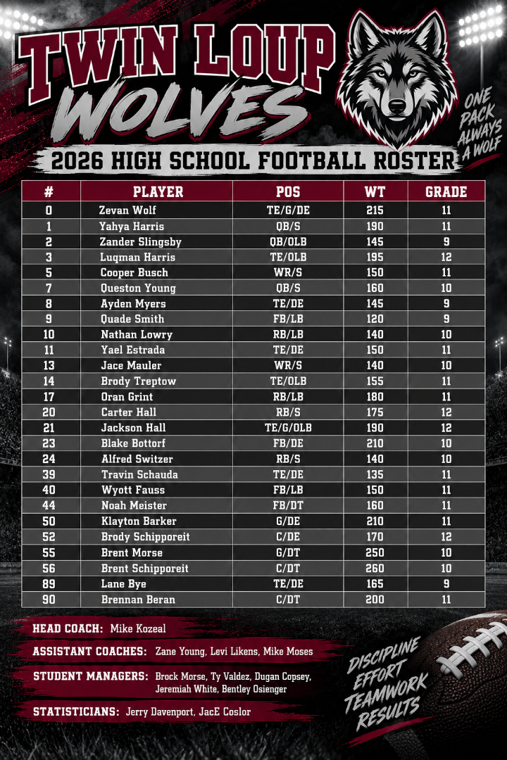 2026 Twin Loup Football Roster Football image colors maroon , wolves black,white